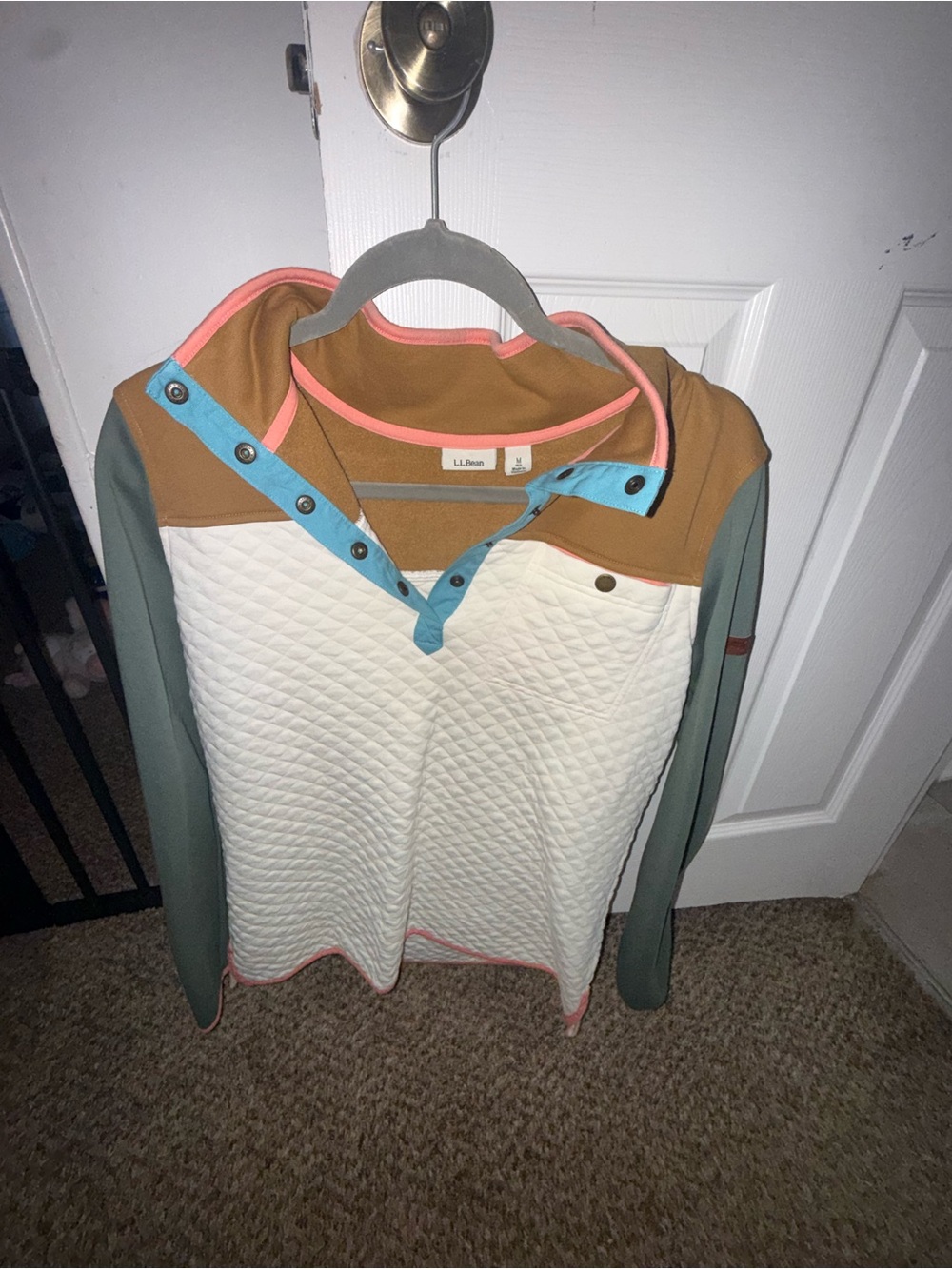 L.L. Bean Quilted Pullover Sweater in White, Camel, Blue & Green with Pink Trim
